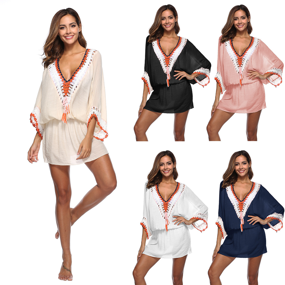 Hand Crocheted Beach Dress V Neck Batwing Sleeves Irregular Hem Sun Protection Cover Up Wholesale Available