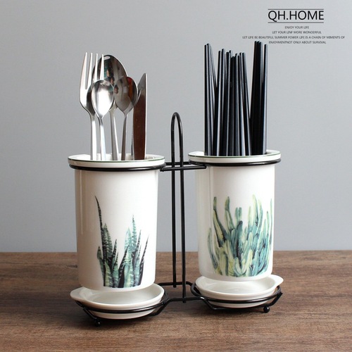 Nordic plant ceramic chopstick holder household drain chopstick barrel double chopstick bucket chopstick cage storage rack chopstick cage