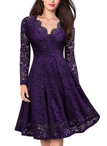 Women Navy black wine Lacev neck evening party dress stage performance V-neck long sleeves big swing dress for female