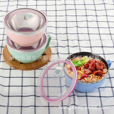 廠家直銷304不鏽鋼泡面碗帶蓋 雙層單柄泡面杯北歐小麥飯盒禮贈品