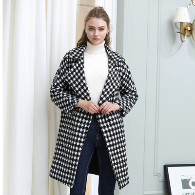 大码女装2019新春款女胖mm毛呢外套中长款千鸟格子流行呢大衣|ms