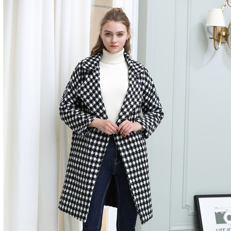 大码女装2019新春款女胖mm毛呢外套中长款千鸟格子流行呢大衣|ms