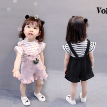 0-4岁 中小童韩版童套装宝宝女童外贸套装女孩条纹背带裤一件代发