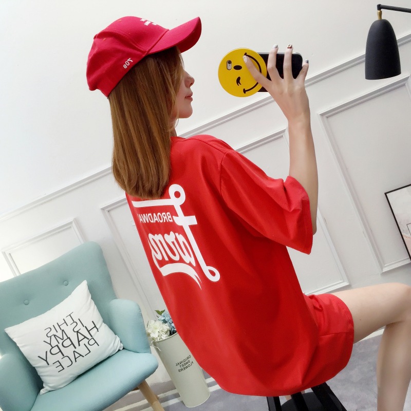 2018夏簡約百搭原宿風BF街頭潮流中長款紅色寬松短袖T恤裙女學生