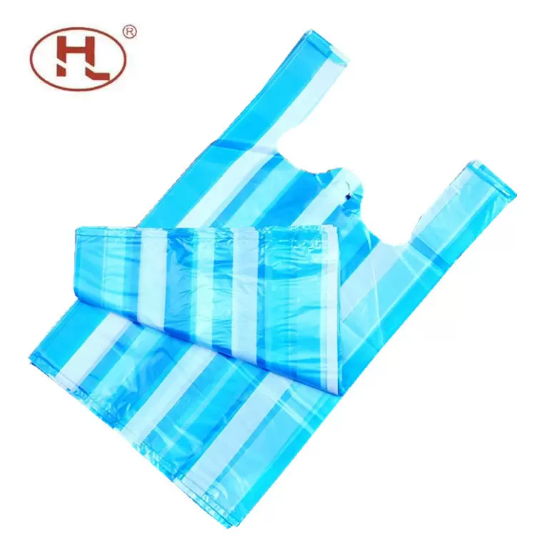 厂家直销蓝色条纹手提购物塑料批发 背心袋手提购物袋 外卖打包袋