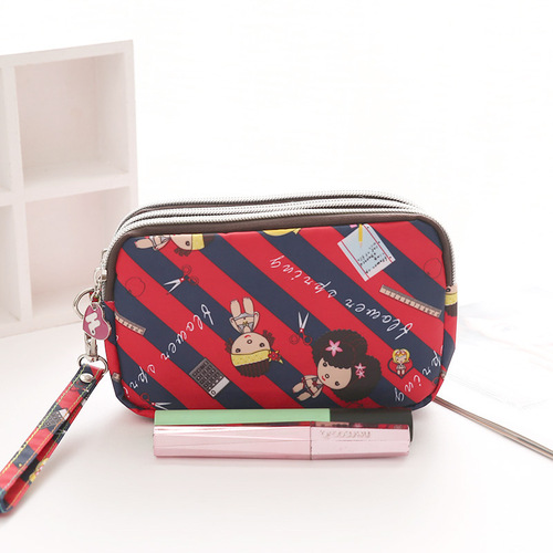 Thickened Three-Layer Long Zipper Handbag Women's Handbag Wrist Phone Bag Cute Washed Fabric