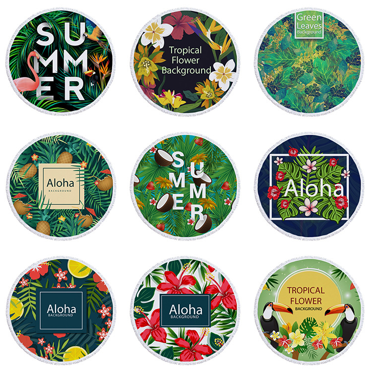 新款歐美圓形印花沙灘巾家居熱帶植物浴巾數碼印花廠家直銷定制