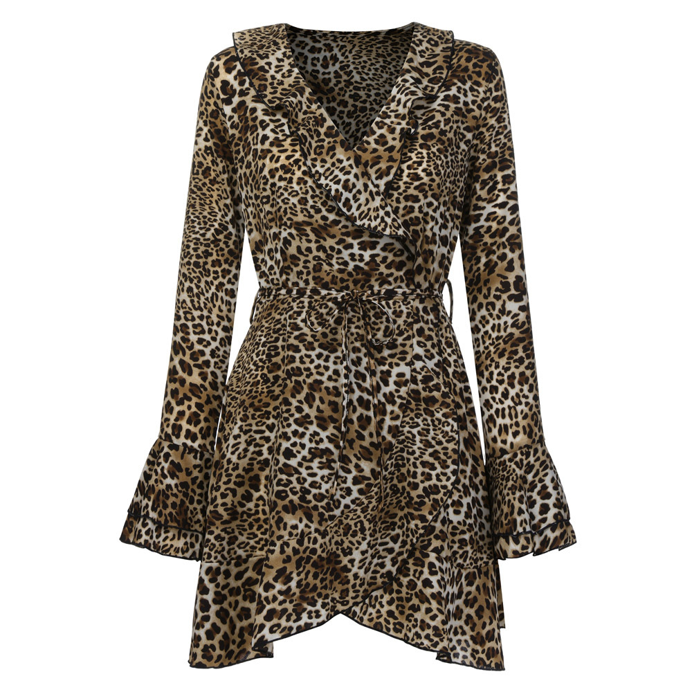 long-sleeved leopard print dress with belt nihaostyles clothing wholesale NSLBS81481