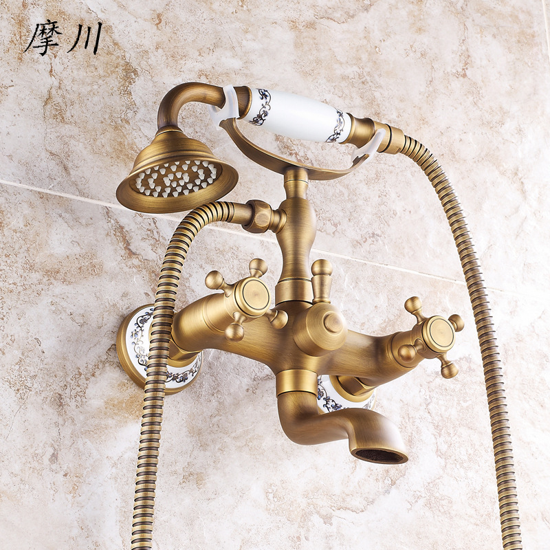 European Electric Bathroom Combination Shower Head Antique Brass Hot and Cold Mixed Water Handheld Shower Head Combination Set