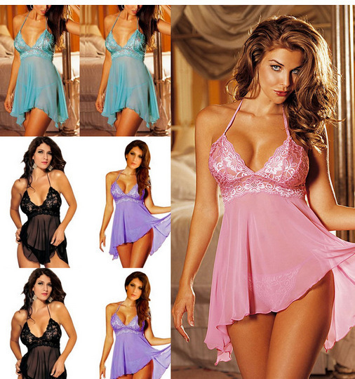 夕泽情趣内衣外贸出口欧美性感睡衣 粉色挂脖加大码睡衣b1|ms
