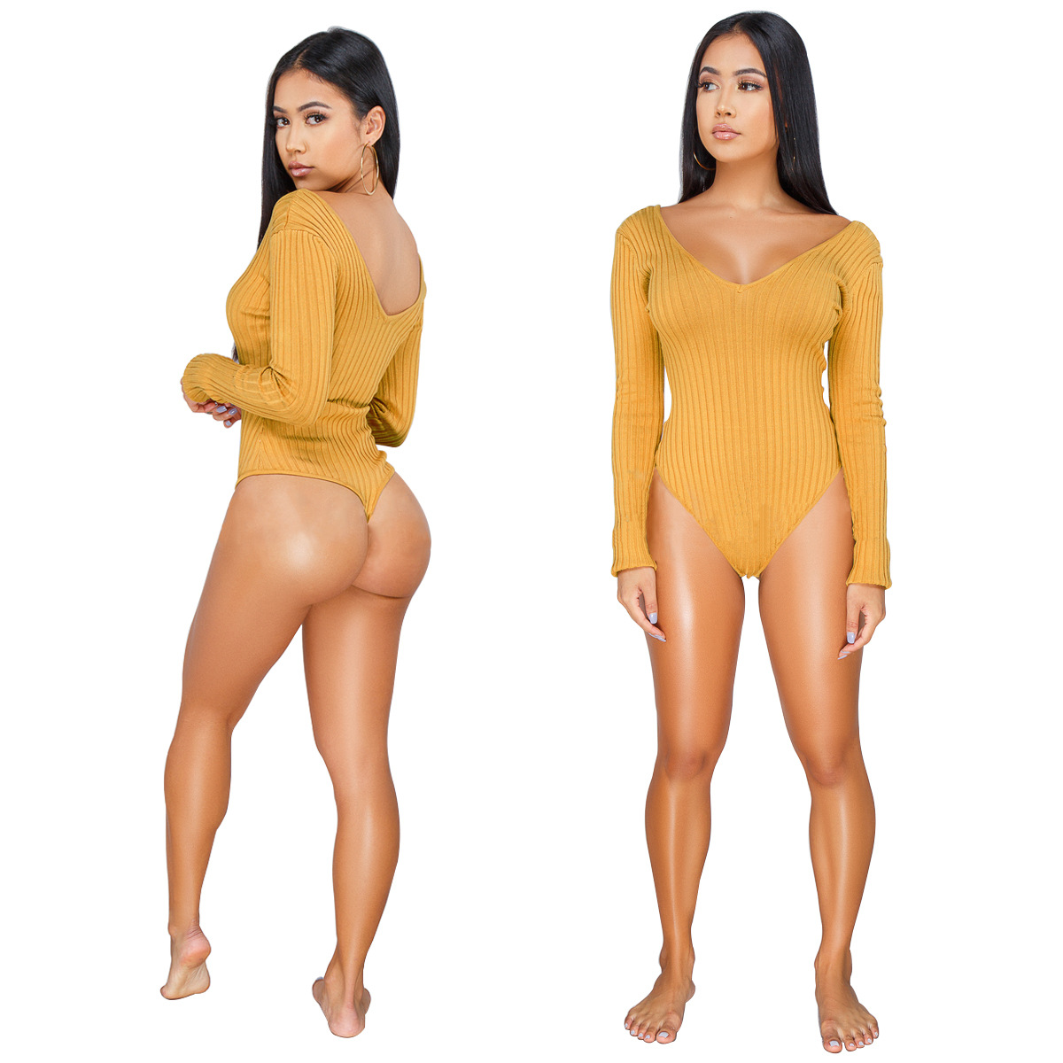 fashion sexy deep V-neck long-sleeved pit strip bodysuit NSSJW58920