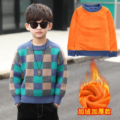Children's clothing Boy new pattern Korean Edition Adidas children sweater CUHK Winter clothes Plush thickening keep warm Small lattice sweater