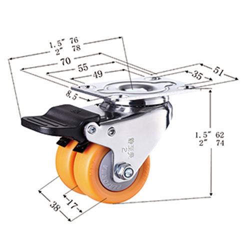 2-inch hard plastic PP flat bottom double row casters, load-bearing, silent, universal double brakes, double wheels, wear-resistant freezer casters manufacturer