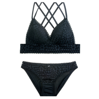 法式bralette性感交叉美背内衣套装无钢圈黑色时尚花卉文胸