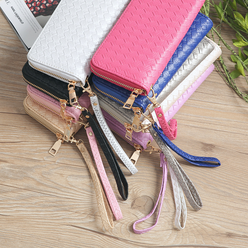 72g Weight Polyester Lining Material Zipper Closure Type Business Occasion Pu Leather Material Solid Color Pattern Unisex Gender Square Shape Khaki, Rose Red, Pink, Purple, Blue, Silver, Bronze, Black Color Korean Woven Pattern Wallet 无