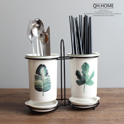 Nordic plant ceramic chopstick holder household drain chopstick barrel double chopstick bucket chopstick cage storage rack chopstick cage