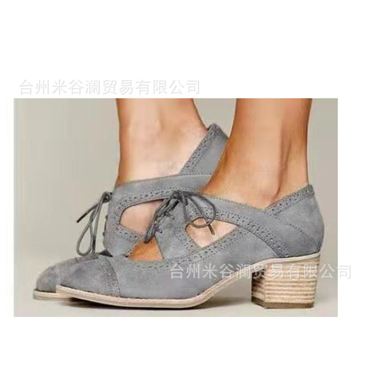 wish Explosions 42 Size Large Size Bullock Single Shoes Women's 2019 Spring New Shallow Mouth Lace-up Mid-heel Chunky Women's Shoes