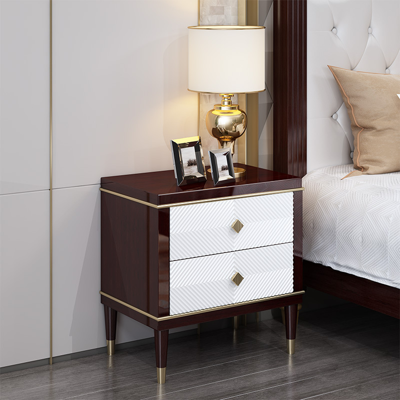 美式全實木床頭櫃輕奢臥室床頭儲物櫃描金雙抽高端床頭櫃工廠直銷