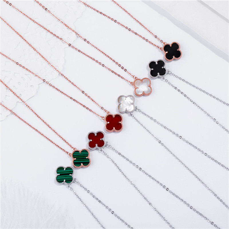 日韩双面玛瑙四叶草项链女套链百搭简约18K玫瑰金锁骨链吊坠配饰