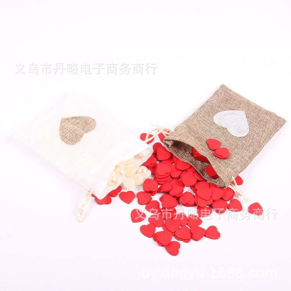 仿麻布袋子 抽绳麻布袋 爱心麻布包装袋 亚马逊热销 糖果袋