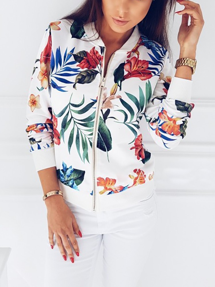 Printed Zipper Placket Short Jacket NSYF33930