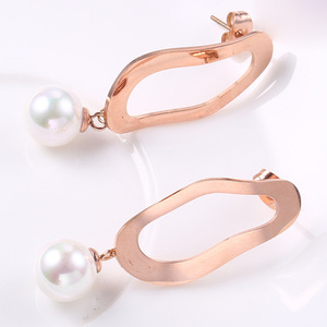 抛光打磨耳钉椭圆珍珠耳坠女生玫瑰金耳饰几何形耳环厂家批发