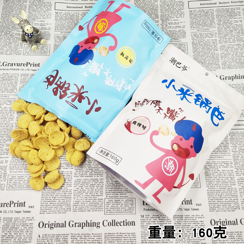 潮巴爺手工小米鍋巴160g 五香孜然麻辣膨化食品休閑小吃零食