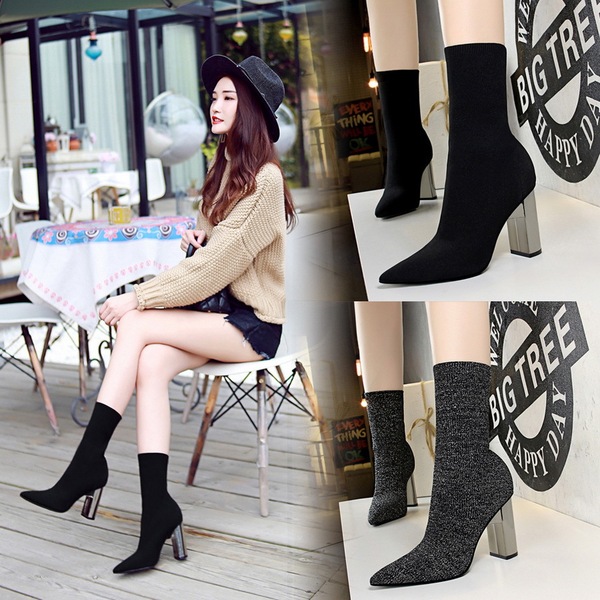 metal heels high heels sexy nightclubs pointed woolen boots