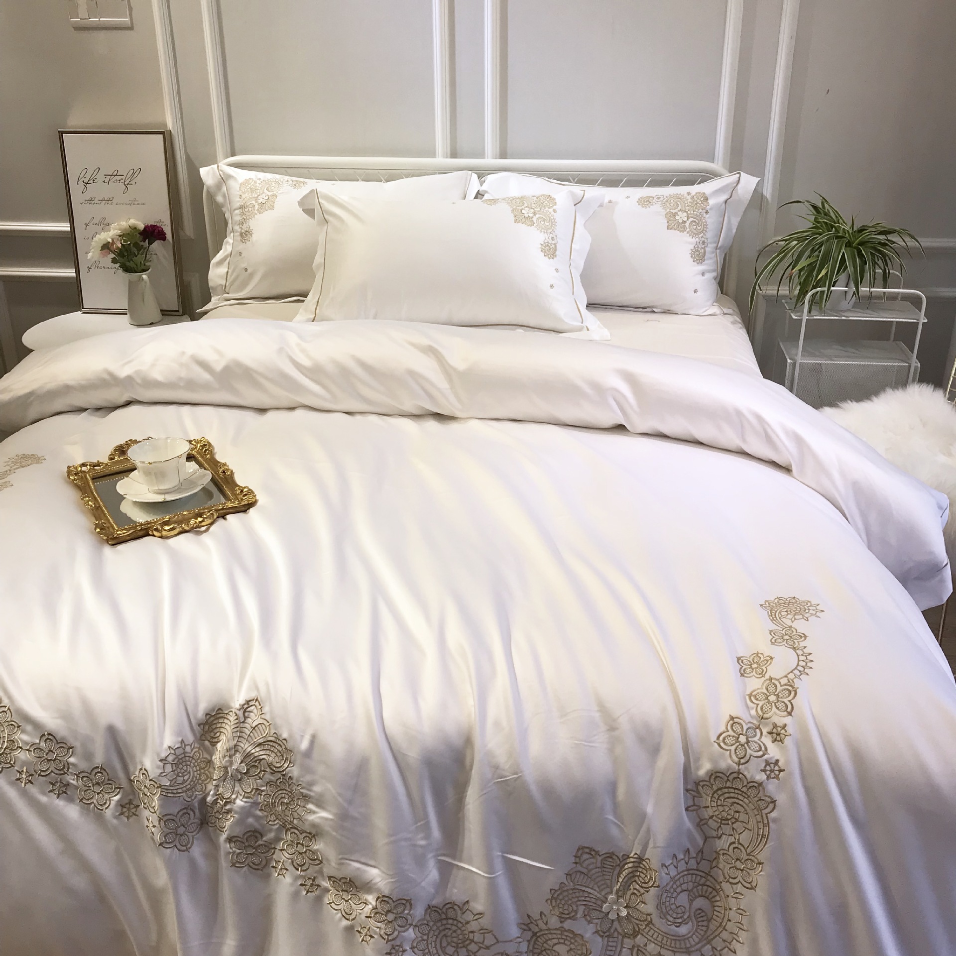 欧式水洗刺绣真丝全棉四件套夏季冰丝欧美风夏凉床上用品丝滑裸睡