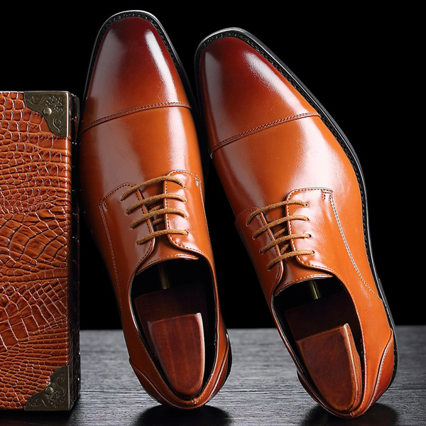 Spring New Pointed Lace up Business Dress Leather Shoes for Men's British Block Cross border Men's Wedding Shoes