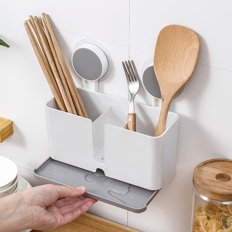 多功能置物架 3格无痕粘贴厨房筷子笼 塑料壁挂沥水整理篮收纳盒