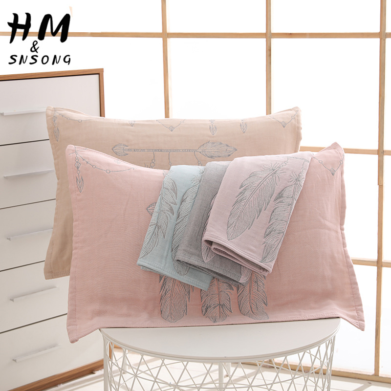 厂家直销新款纯棉四层纱布枕巾 加揉加厚柔软羽毛枕巾日式风批发|ms