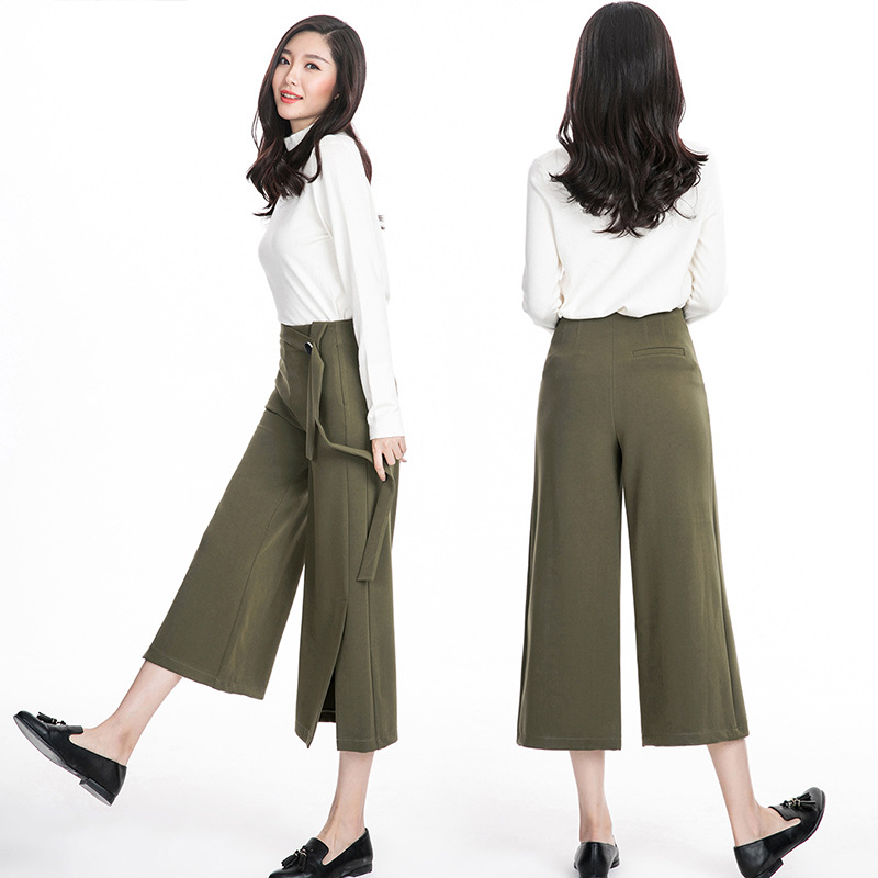 【厂家直销】新款宽松休闲阔腿裤九分开叉优雅气质时尚百搭女裤