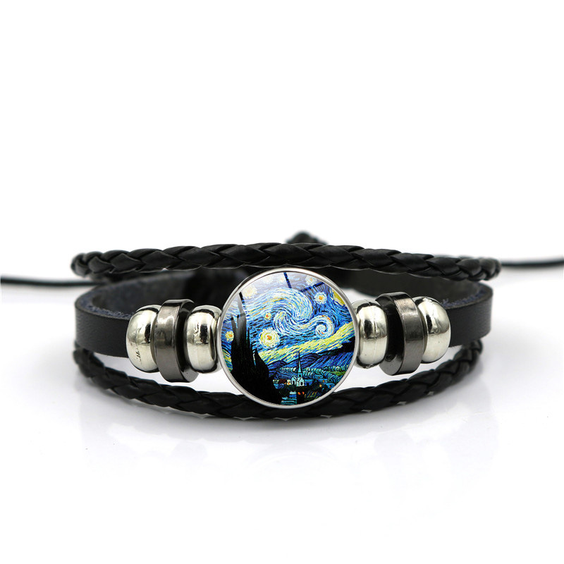 Cross-border new accessories Van Gogh starry sky time gem bracelet black leather woven bracelet bracelet bracelet