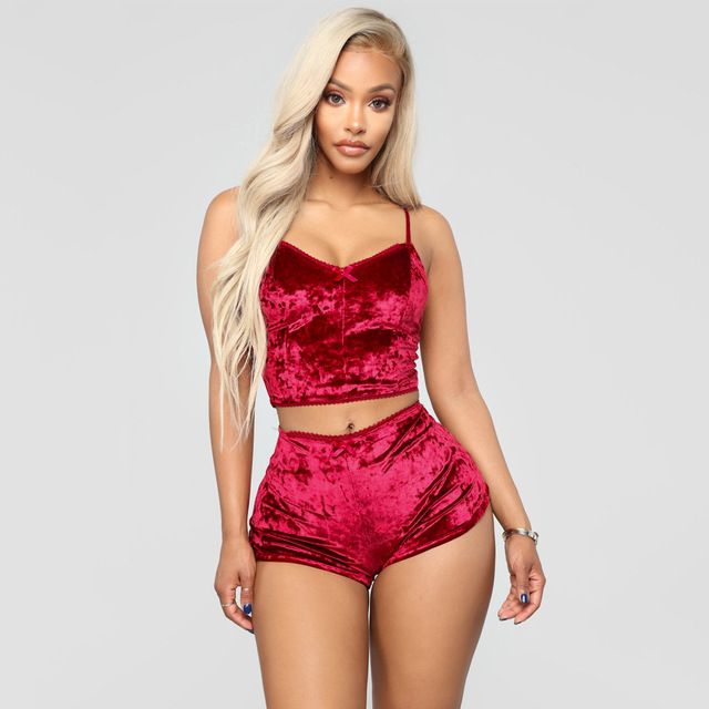 Summer cross border cut sexy slim velvet lace two piece shorts nightclub suit