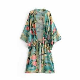 2025外贸跨境批发欧美女装荷花仙鹤印花系带和服开衫  8175