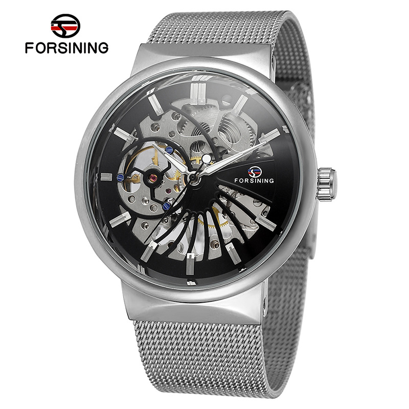 Nuevo reloj mecánico manual de la correa de acero de la moda de los hombres de FORSINING126 hueco-hacia fuera el reloj transparente del diseño para los hombres