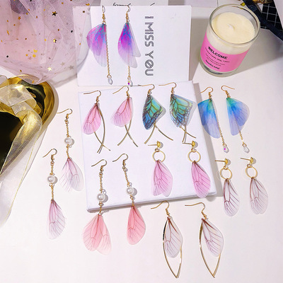 Korean Edition Retro literature temperament Hand made Earrings Pearl Earrings Gauze Diechi butterfly wing Ear hook Earrings wholesale