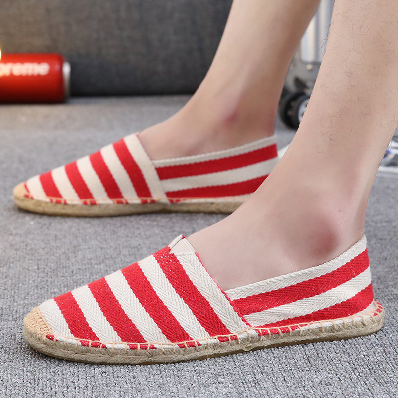 Cross-border special stripe lovers Hemp bottom canvas shoe men and women ventilation non-slip Straw Fisherman shoes Flax wholesale