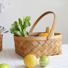 手工編織木片收納籃家居用品收納蔬菜水果籃野餐籃編織籃子