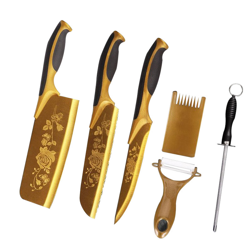 阳江跨境家用厨房用具彩盒厨用礼品套刀 钛金刀具六件套 刀具套装