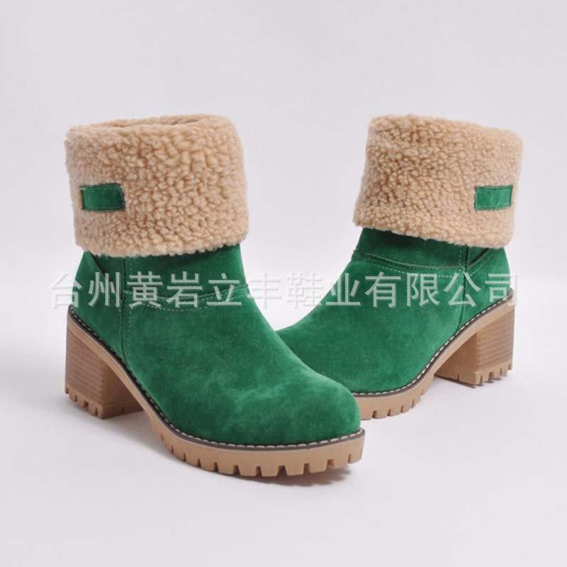 Mid Barrel Thick Heel Suede Snow Cotton Boots