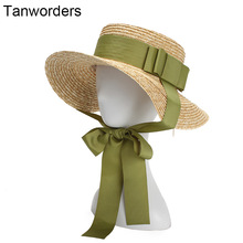 女夏麥稈草帽平頂歐美時尚綠色蝴蝶結綁帶遮陽帽防曬度假出游帽子