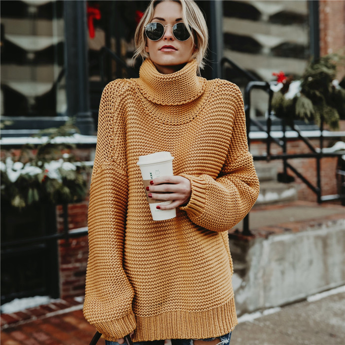 2023 otoño e invierno europeo y americano Amazon eBay popular color sólido suéter de manga larga cuello alto suéter de las mujeres entrega de una sola pieza