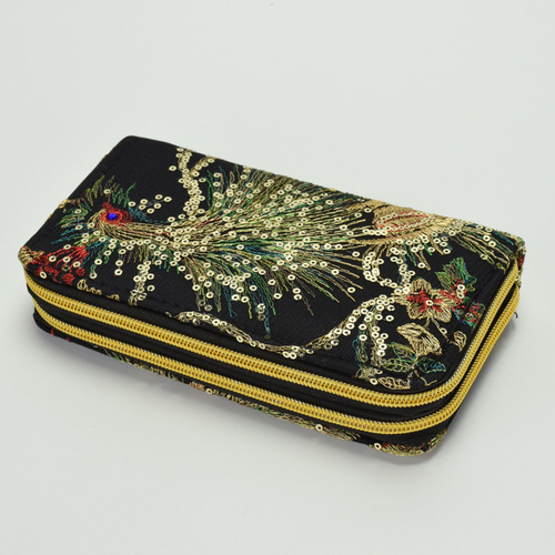 Ethnic style double-sided embroidered wallet with special peacock embroidery long zipper hand coin mobile phone bag