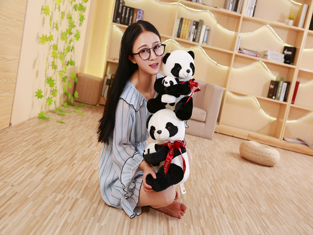 毛绒玩具熊猫公仔,熊猫抱抱熊,丝带亲子熊猫