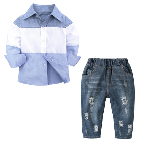 Scirocco children's clothing spring autumn Amazon boys' suits children's long-sleeved tops shirt ripped denim two-piece set