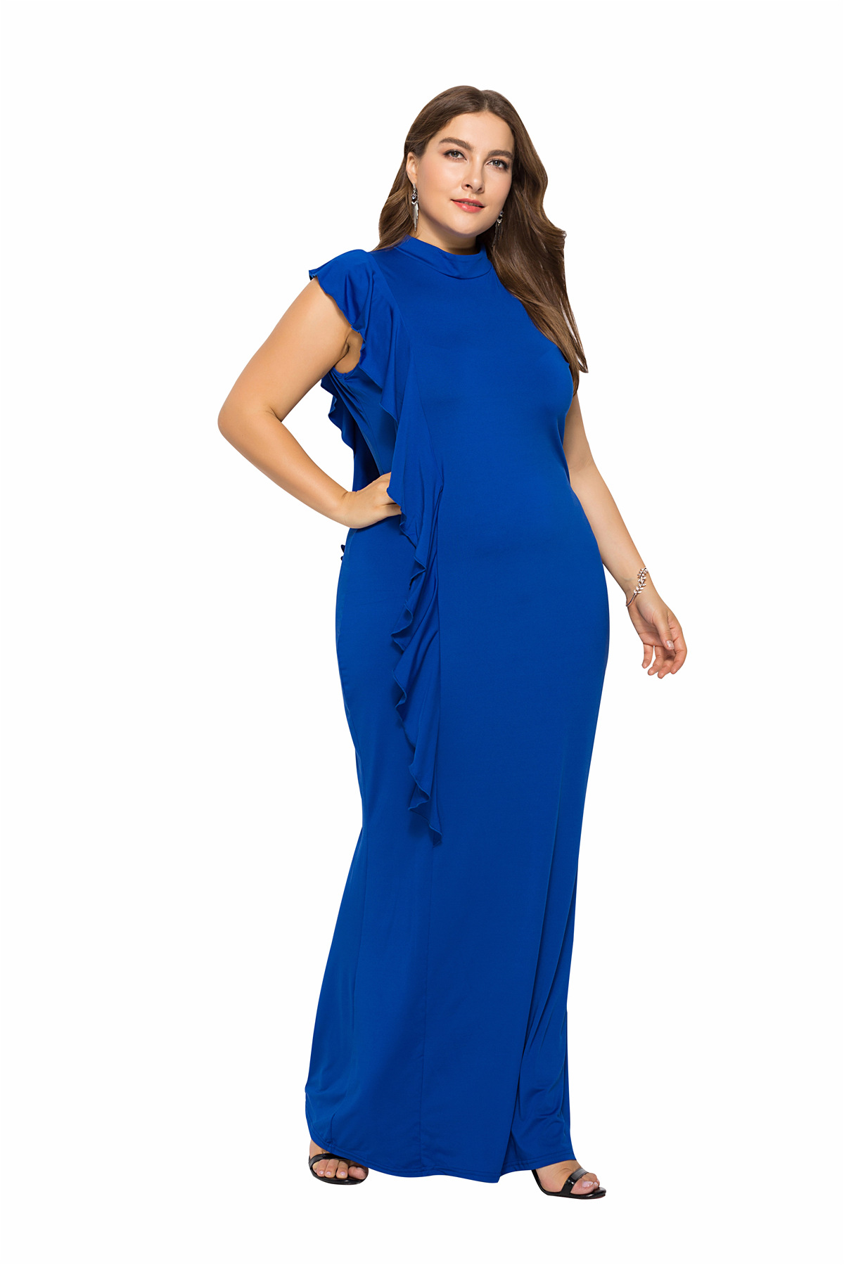 plus size high neck ruffled sleeveless dress NSLM45598