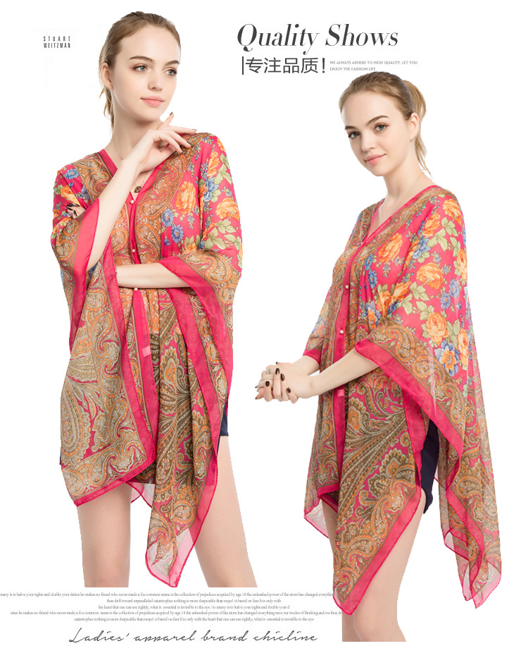 印花雪纺丝巾 珍珠扣防晒披肩批发 海边沙滩巾