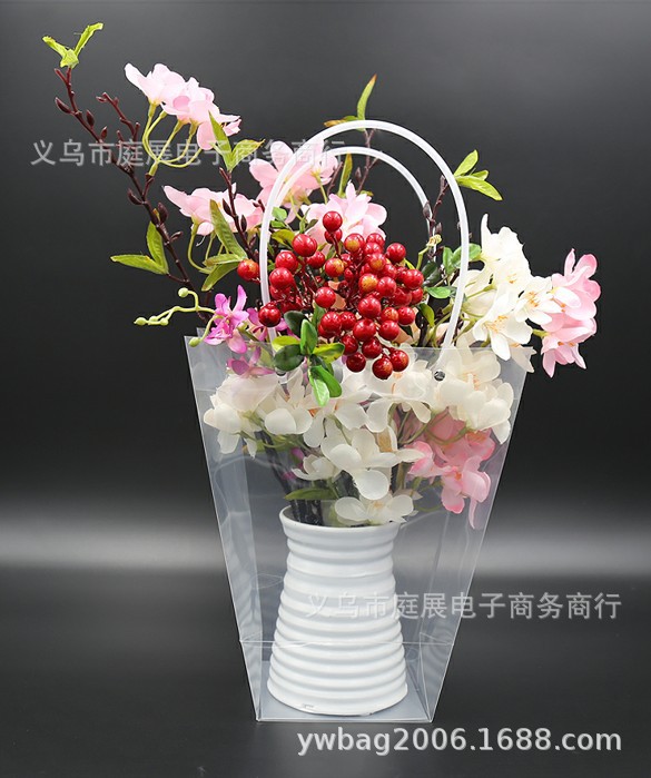 厂家直销pp硬管手提袋 透明塑料礼品花袋 梯型鲜花盆景盆栽袋定做